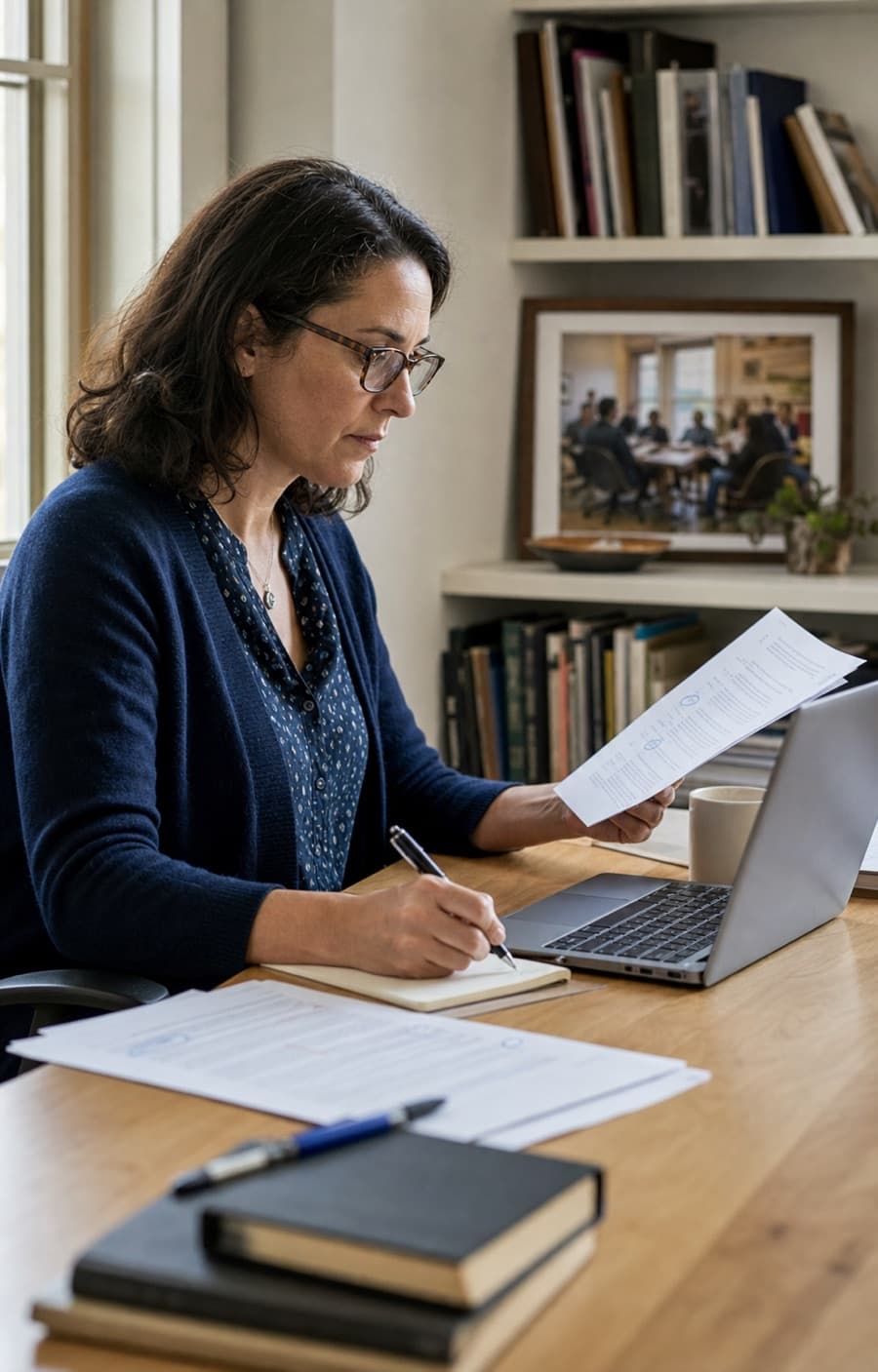 A nonprofit policy director reviewing a coalition letter at her desk